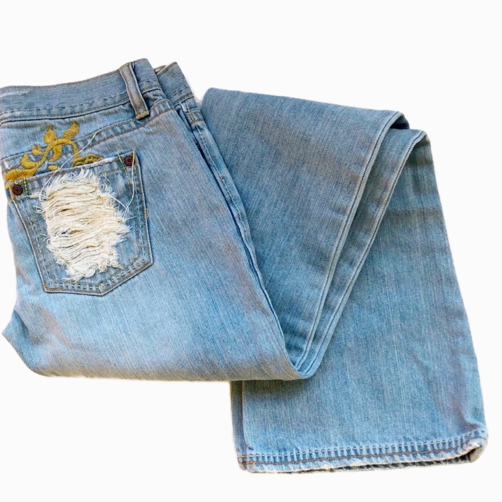 Old Navy Bootcut Jeans Light Wash Denim Distressed Embroidered Womens Size 0